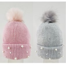 KIDS6187: Girls Faux Pom Hat With Beads (2-8 Years)